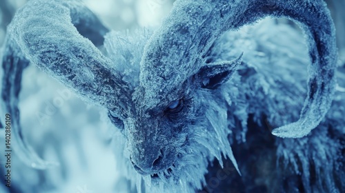 A frost-covered mythical creature with sharp horns and icy features. photo