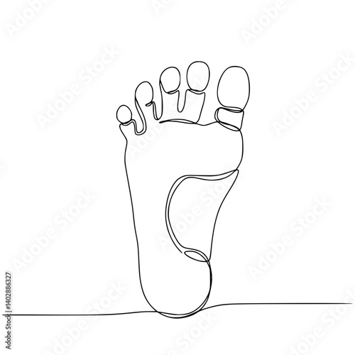 Single Line Art of a Barefoot Footprint in Minimalist Style. Body parts, healthy posture and gait. Acupressure and comfortable shoes