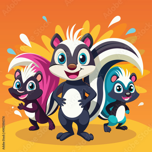 A cute cartoon cat family in hats enjoys winter fun on the Antarctic ice