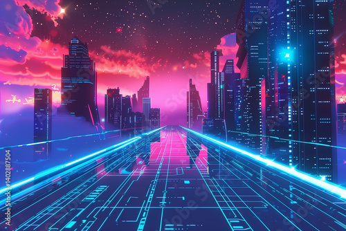 A futuristic vector art cityscape with sleek buildings, neon lights, and a starry sky.