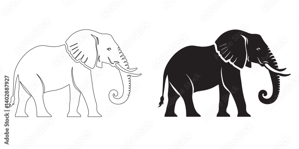 Obraz premium Clean-lined elephant silhouette with forest inspiration – flat vector design with subtle line art – elephant icon – elephant illustration – elephant lineart – elephant line art