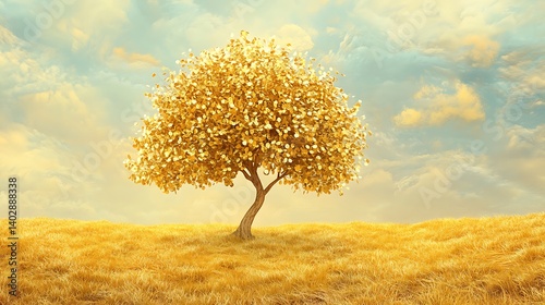 Radiant golden money tree flourishing in a golden meadow under a soft pastel sky