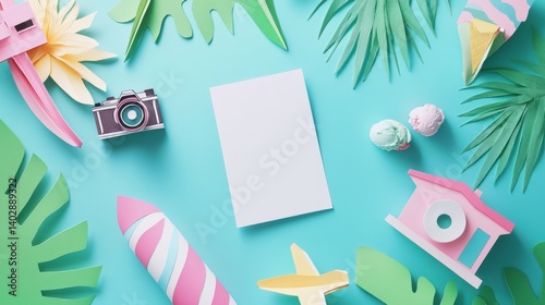 Summer travel planning concept with blank paper on blue background surrounded by colorful paper accessories