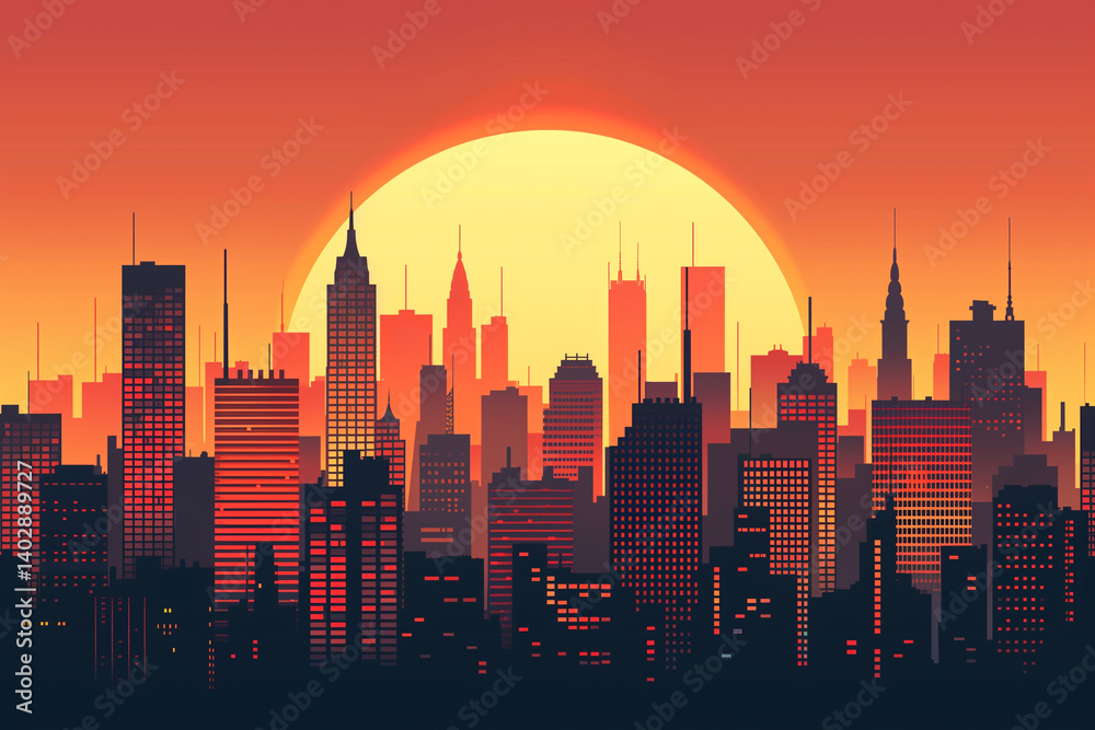 Fototapeta premium A modern vector art of a city skyline with skyscrapers and a sunset background.
