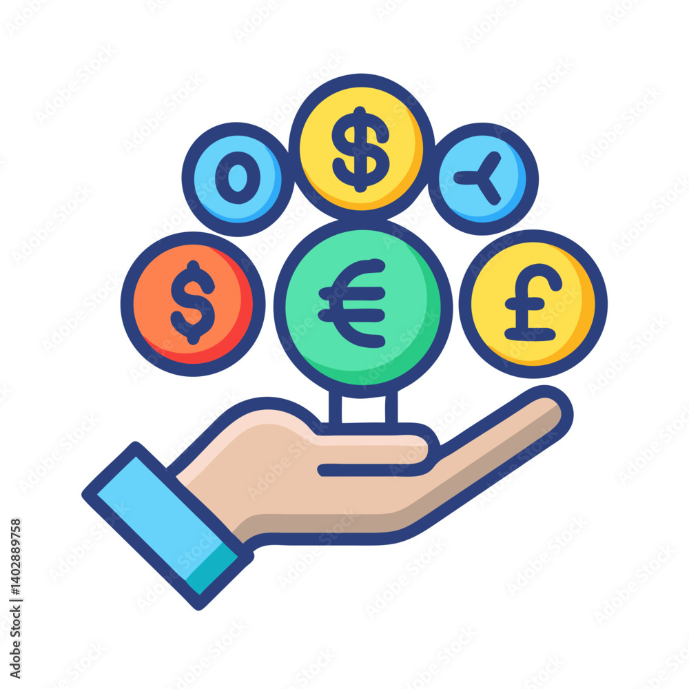 Hand Holding Currencies Icon Representing Multi-Currency and Financial Exchange