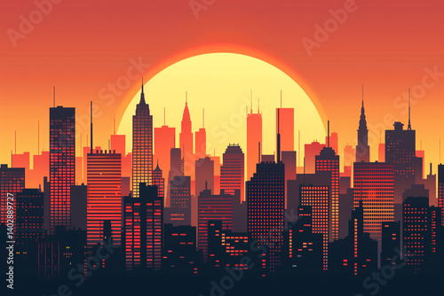 A modern vector art of a city skyline with skyscrapers and a sunset background.