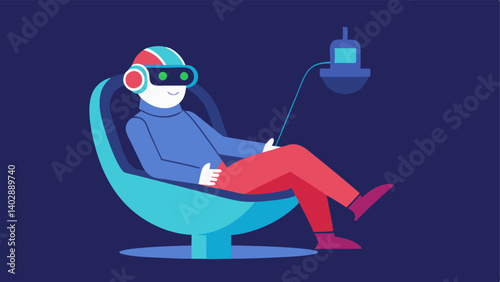 Relaxation Zone A character lounging in a futuristic chair wearing a neurofeedback headset with soft light illuminating the area around them indicating a state of relaxation.