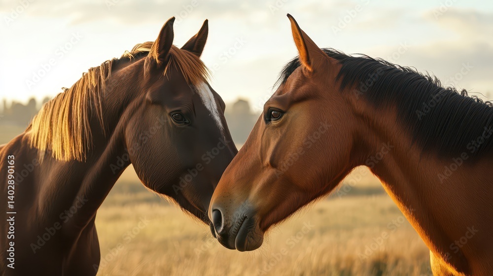 Obraz premium Two horses tenderly facing each other in a golden field.