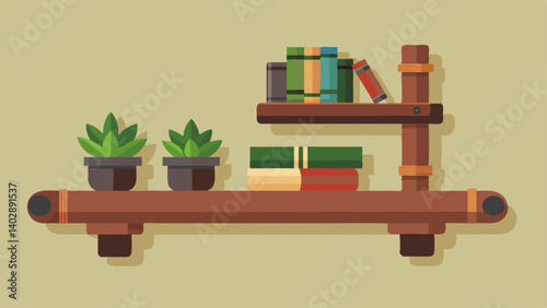 A wallmounted shelf made from old metal pipes and roughhewn wood holding potted succulents and vintage books.