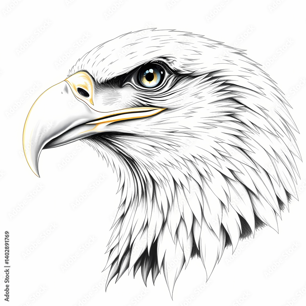 Fototapeta premium Detailed illustration of a bald eagle, showing its sharp features against a white backdrop.