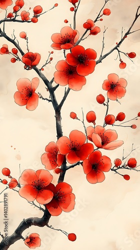 Red Flower Branch Mobile Wallpaper   Vibrant Floral Design with Buds | Soft Beige Nature Background

