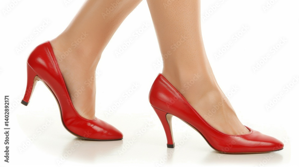 Woman walking in red high heel shoes on white background
Woman walking in red high heel shoes on white background