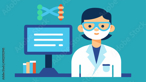 Scientist at Work A scientist in a lab coat goggles and gloves focused on a computer screen displaying DNA sequences symbolizing the analysis phase of gene editing.