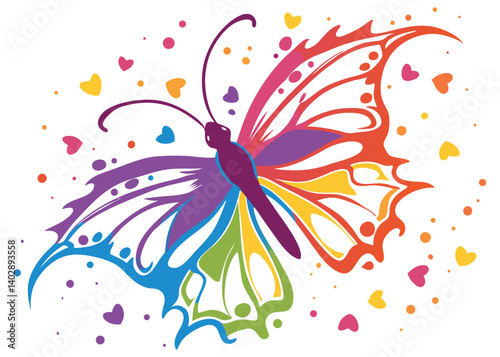 Rainbow Butterfly with Decorative Hearts: Colourful Artistic Design