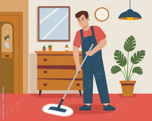 Man mopping the floor in the living room. Cleaning service concept.