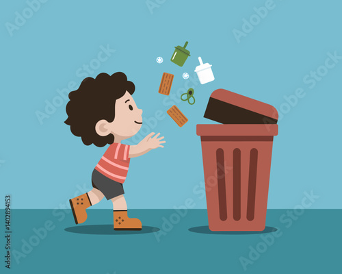 Little boy throwing garbage into a trash can, teaching environmental responsibility.