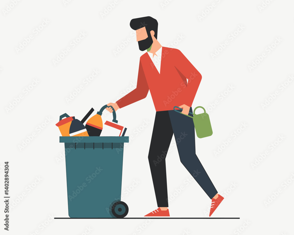 Man Throwing Paint Supplies in Garbage Bin: House Renovation Waste Disposal Man Throwing Paint Supplies in Garbage Bin: House Renovation Waste Disposal