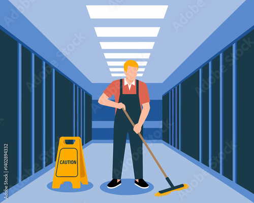 Floor cleaning service. Janitor mopping floor with caution sign in hallway.