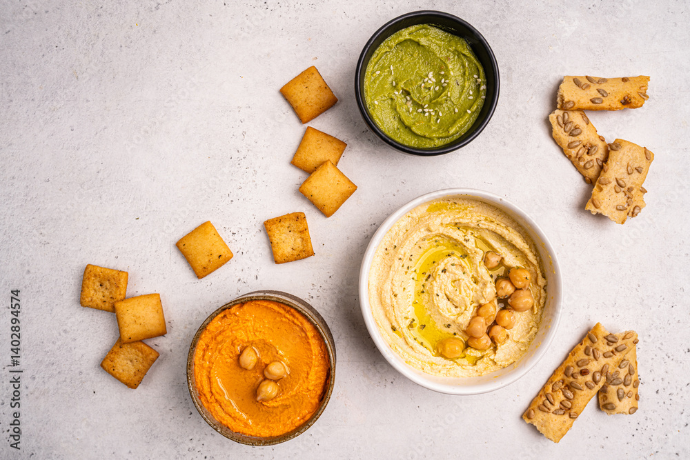 Various hummus dips in different colours. Hummus with dry crackers, top view. Vegan and traditional hummus as healthy and vegan snack.