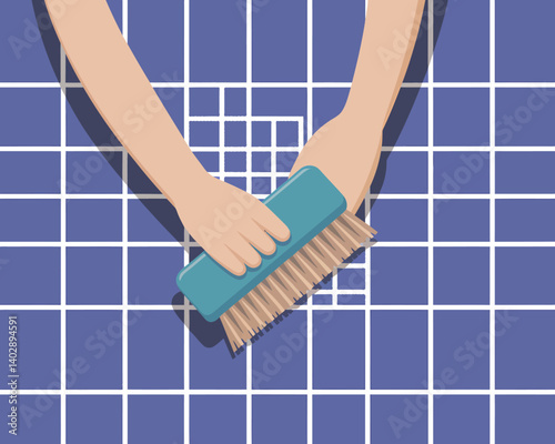 Person cleaning tiled surface using a scrub brush for home maintenance, cleaning.