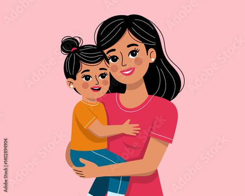 Loving Mother holding Little Daughter in Cartoon Illustration Style