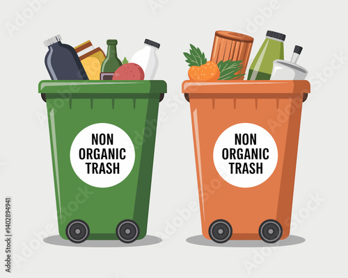 Separate Non-Organic Trash Illustration: Recycling Bins with Waste Items