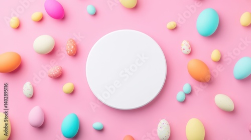 Colorful easter eggs surrounding white empty circular template on pink background