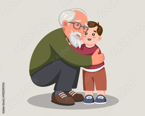 Cartoon grandfather affectionately hugging his grandson. Generational love and bonding.