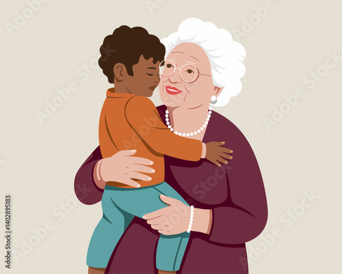 Loving Grandmother Hugging Grandson, Interracial Family Bond Illustration