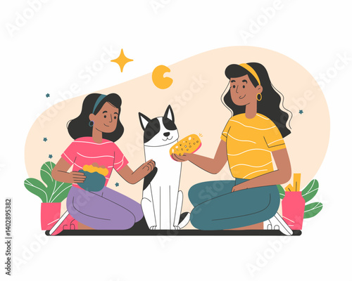 Friendship illustration: Women sharing snacks with a black and white dog