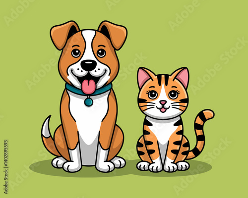 Cute Cartoon Dog and Cat Best Friends, Happy Pet Illustration, Vector Design