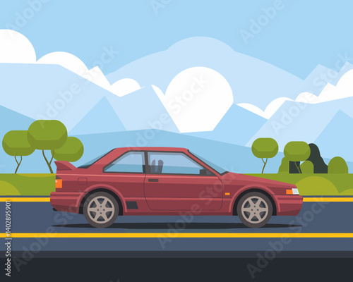 Red coupe driving through a scenic landscape. Road trip with mountains and trees
