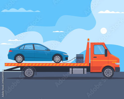 Car on tow truck assistance service, roadside recovery, automotive vector illustration