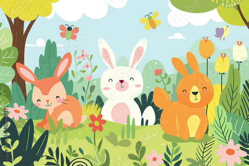 A playful vector art with cute animals and plants in a garden setting.