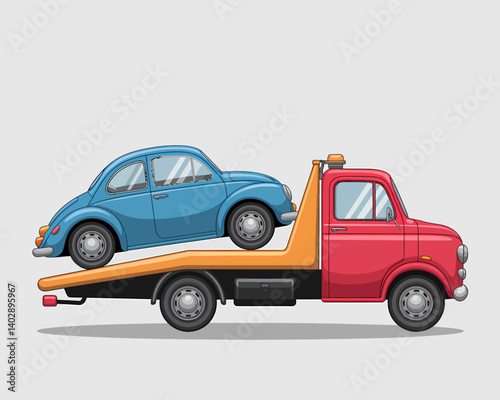 Cartoon Tow Truck with Blue Classic Car, Emergency Vehicle Vector Illustration