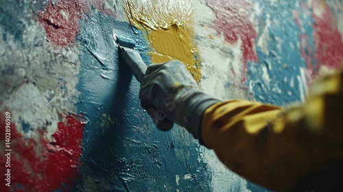 Construction worker painting walls. Featuring painting skills and finishing touches