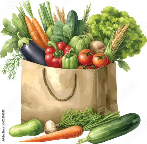 watercolor Clipart of Vegetables in a Grocery Bag 