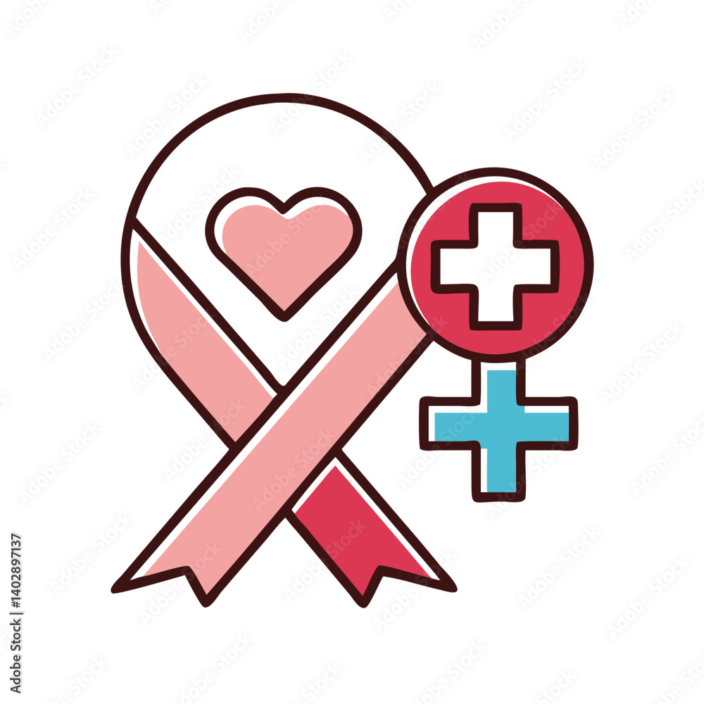 Ribbon with Heart and Cross Icon Representing Health Awareness and Medical Support Ribbon with Heart and Cross Icon Representing Health Awareness and Medical Support