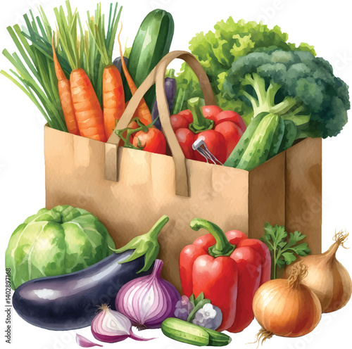 watercolor Vegetables in a Grocery Bag Clipart 