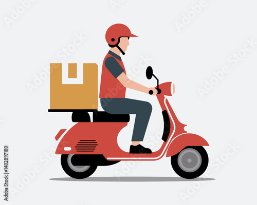 Red Scooter Delivery Service with Box Illustration. Fast Shipping Concept
