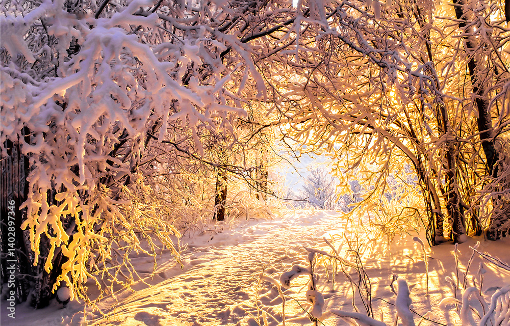 Sunlight in winter snow forest