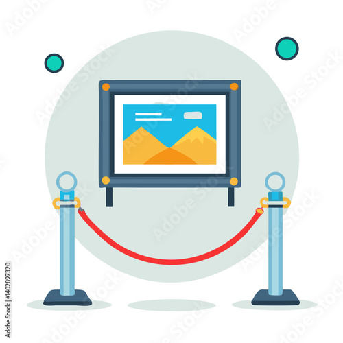 Rope Barrier with Framed Art Icon Representing Art Exhibition and Gallery Display