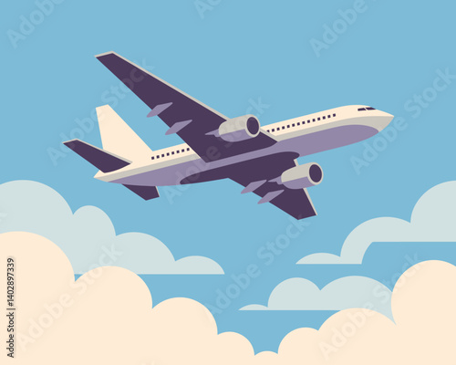 Commercial airplane flies above the clouds against a blue sky background