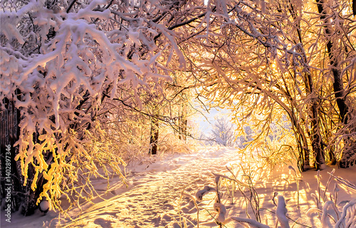 Obraz na płótnie Sunlight in winter snow forest w salonie