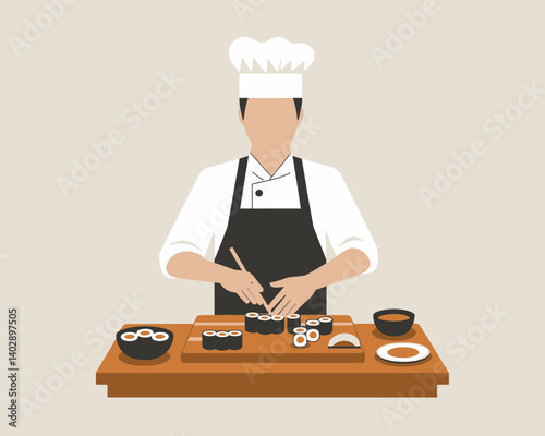 Sushi Chef Cutting Rolls: Preparing Japanese Cuisine Illustration