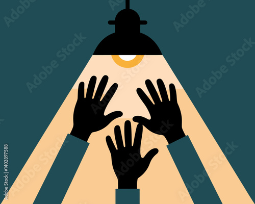 Hands reaching for light - Silhouette figures under a lamp