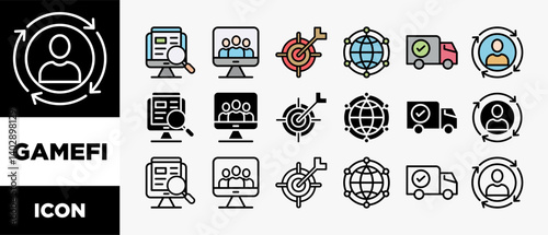 GAMEFI icon set with various styles and colors defi, white paper, play to earn, digital token, nft, blockchain, pool rewards and staking
See less