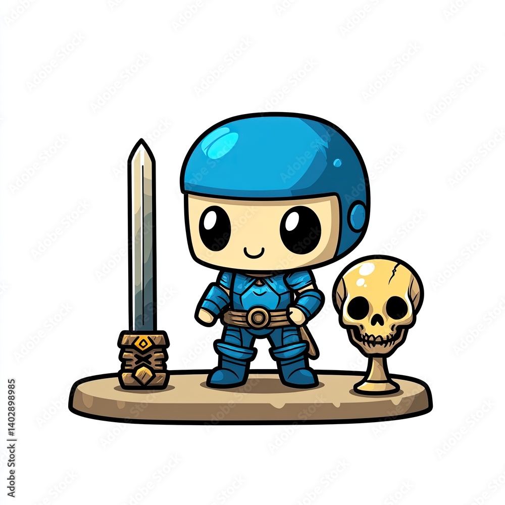 A cute knight character is ready for an adventure with sword and skull A cute knight character is ready for an adventure with sword and skull