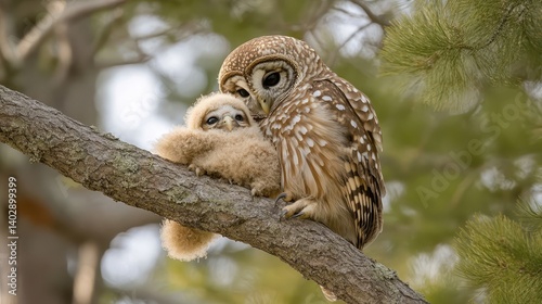 A barred owl protects its fluffy chick on a branch.