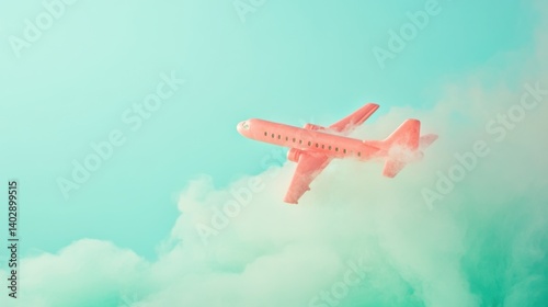 Pink airplane flying through clouds in a turquoise sky symbolizing travel and tourism